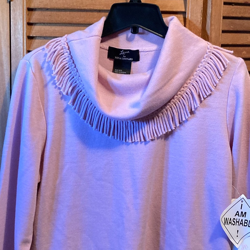 Lennie for Nina Leonard Pink Cowl Neck Fringed Collar Knit Sweater - Picture 3 of 16